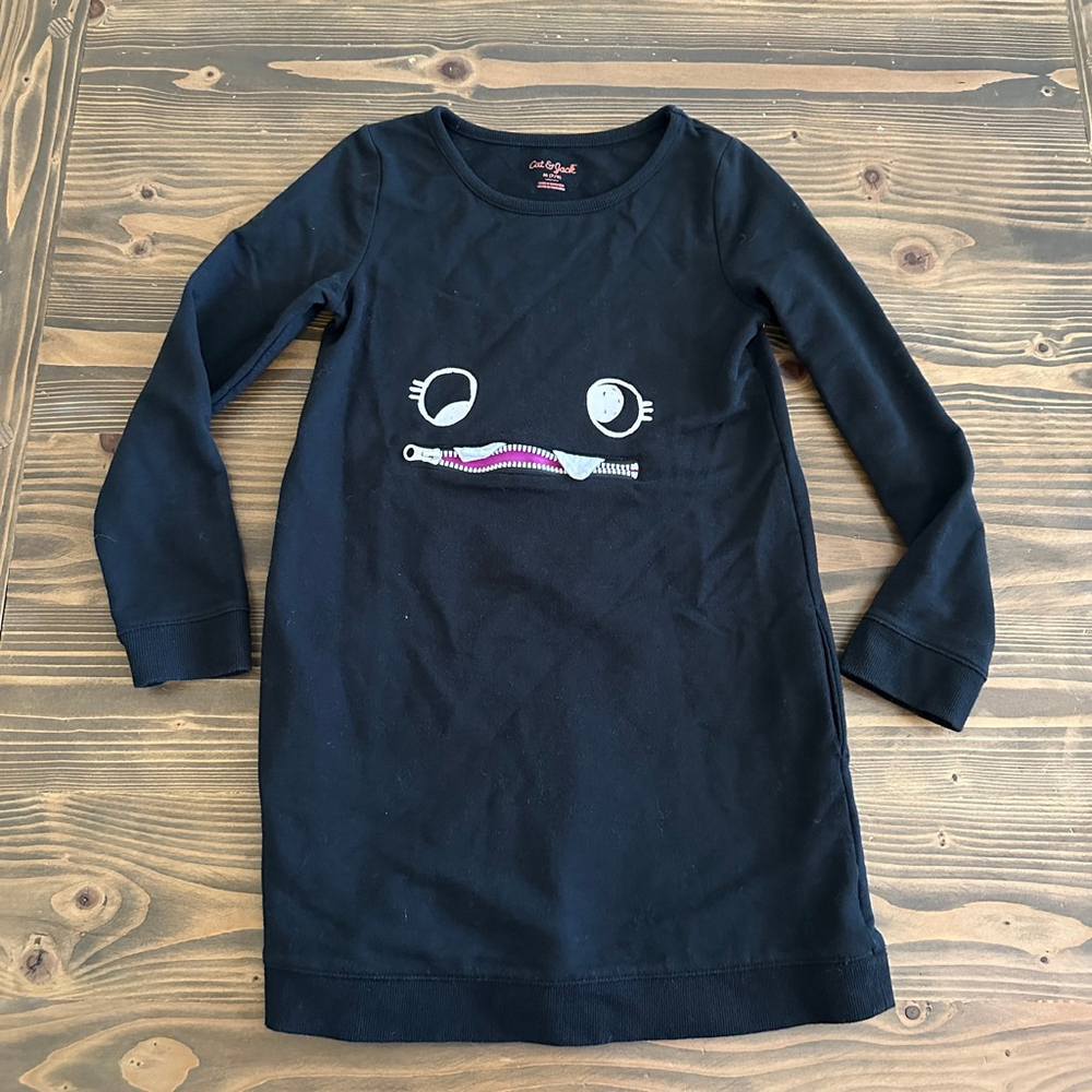 Girls Cat & Jack Black Pink Monster Graphic Long Sleeve Dress M (7/8) Zipper